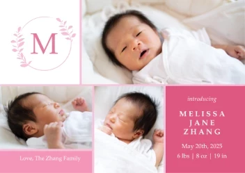Leaf Monogram Birth Announcement Girl