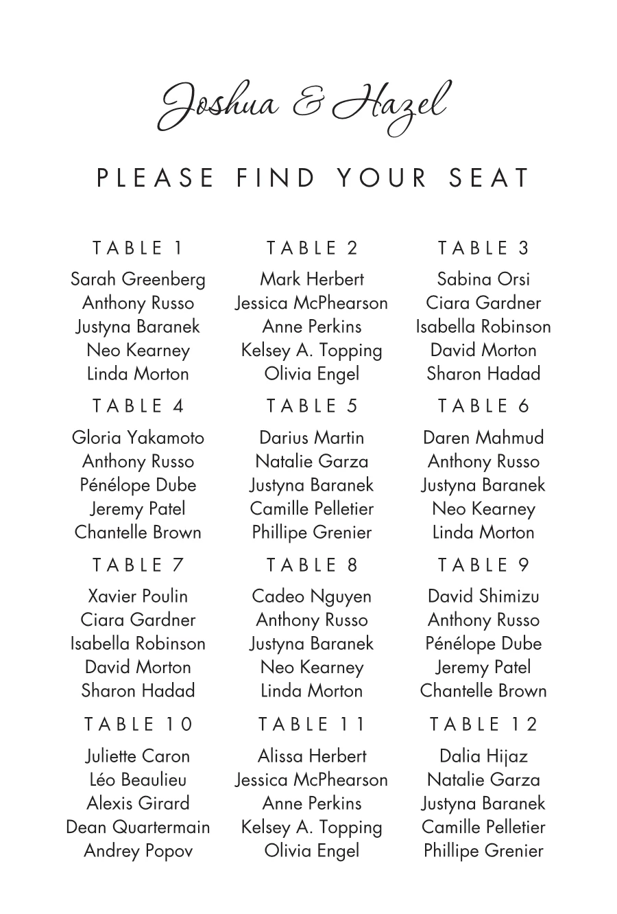 Modern Script Seating Chart