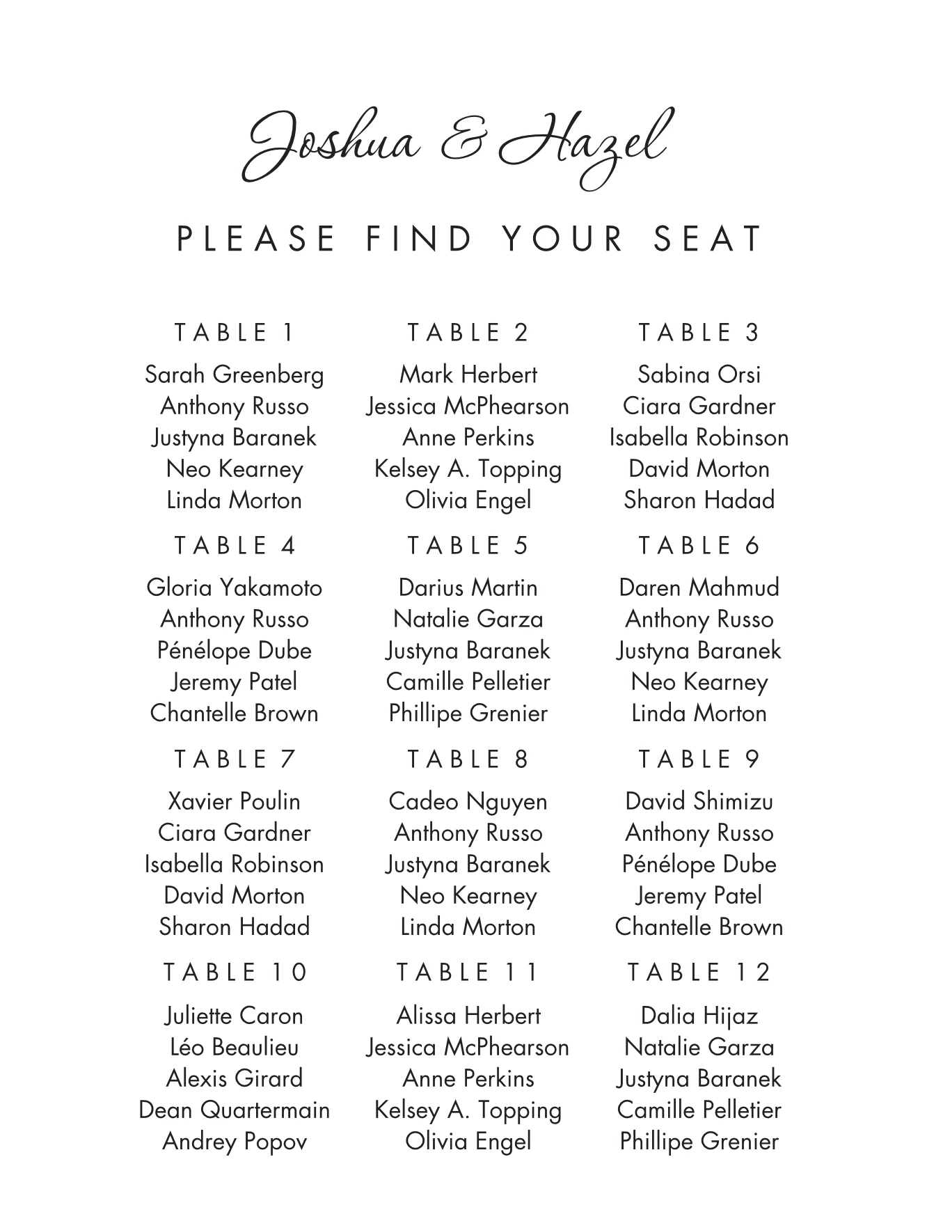 Modern Script Seating Chart