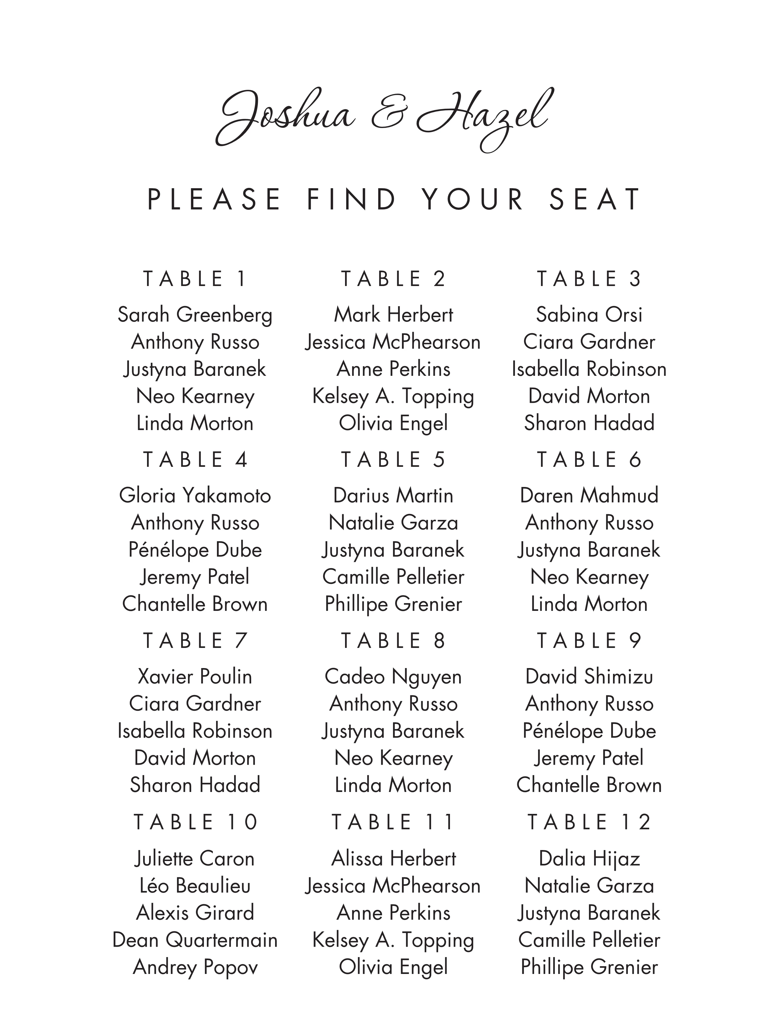 Modern Script Seating Chart